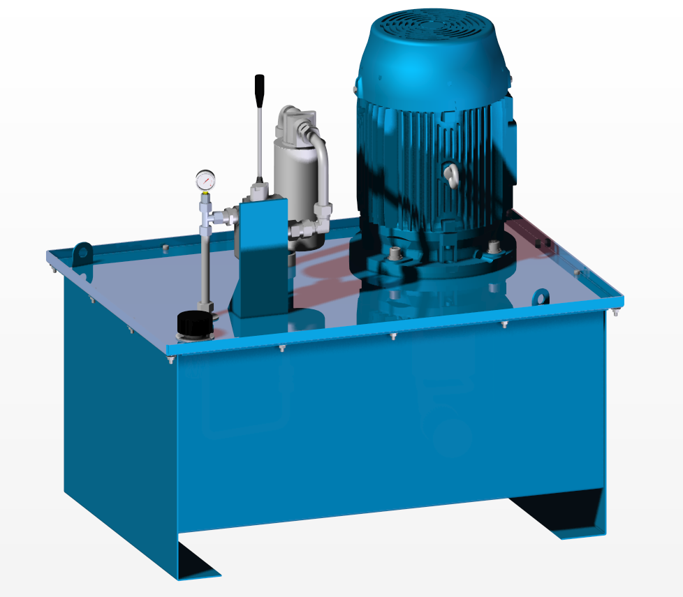 Render 3D de unidade hidráulica industrial